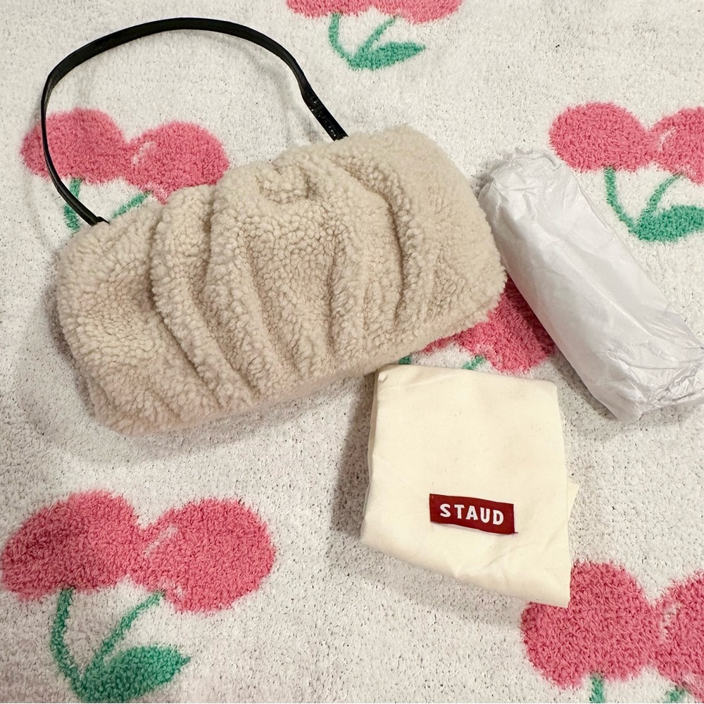 STAUD Beige Shearling Clutch with Black Handle